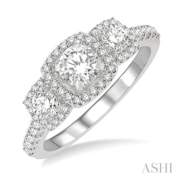 1 Ctw Cushion Shape Past, Present & Future Diamond Engagement Ring With 3/8 Ct Round Cut Center Stone in 14K White Gold